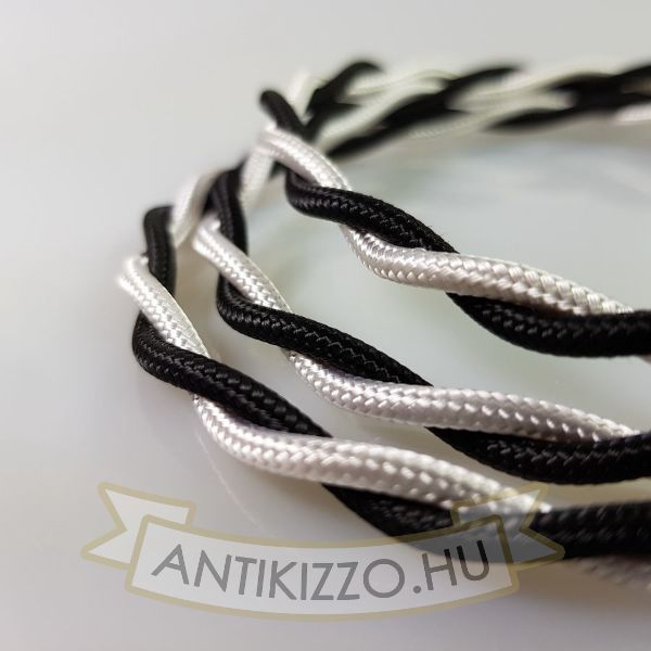 Fonott Textilkábel, szövetkábel, antik vezeték, fekete / fehér	