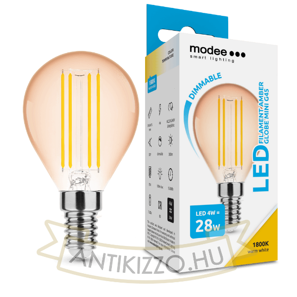 LED Filament Amber Globe Mini G45 4W E14 320° 1800K (300 lumen) dimm.